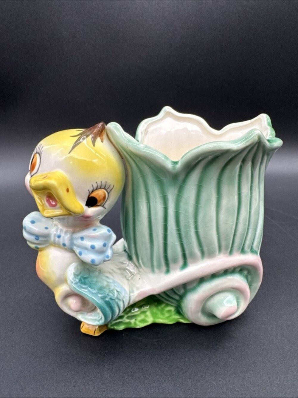 VTG Kitsch Napco Lefton Style Duck Anthropomorphic Bow Eyelash Ceramic Planter